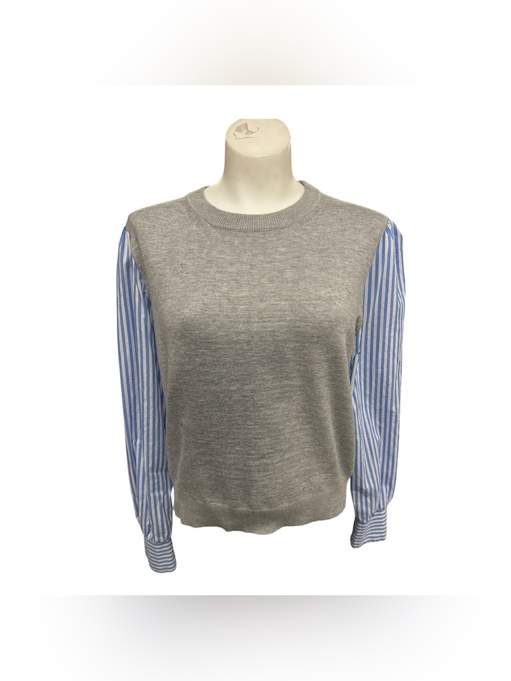 French Connection Gray Sweater with Blue & White Striped Shirt Sleeves Size L